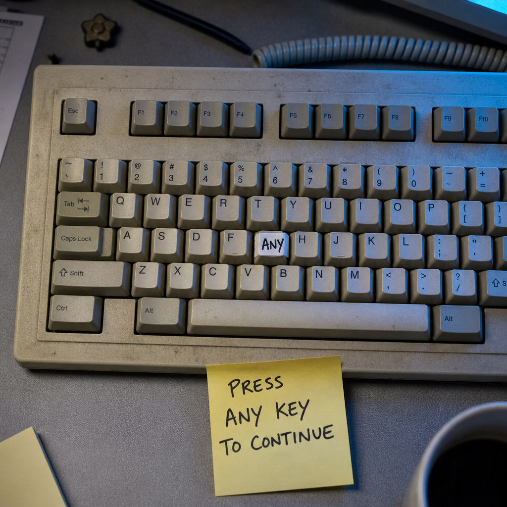 A beige keyboard with one key relabeled ANY.
