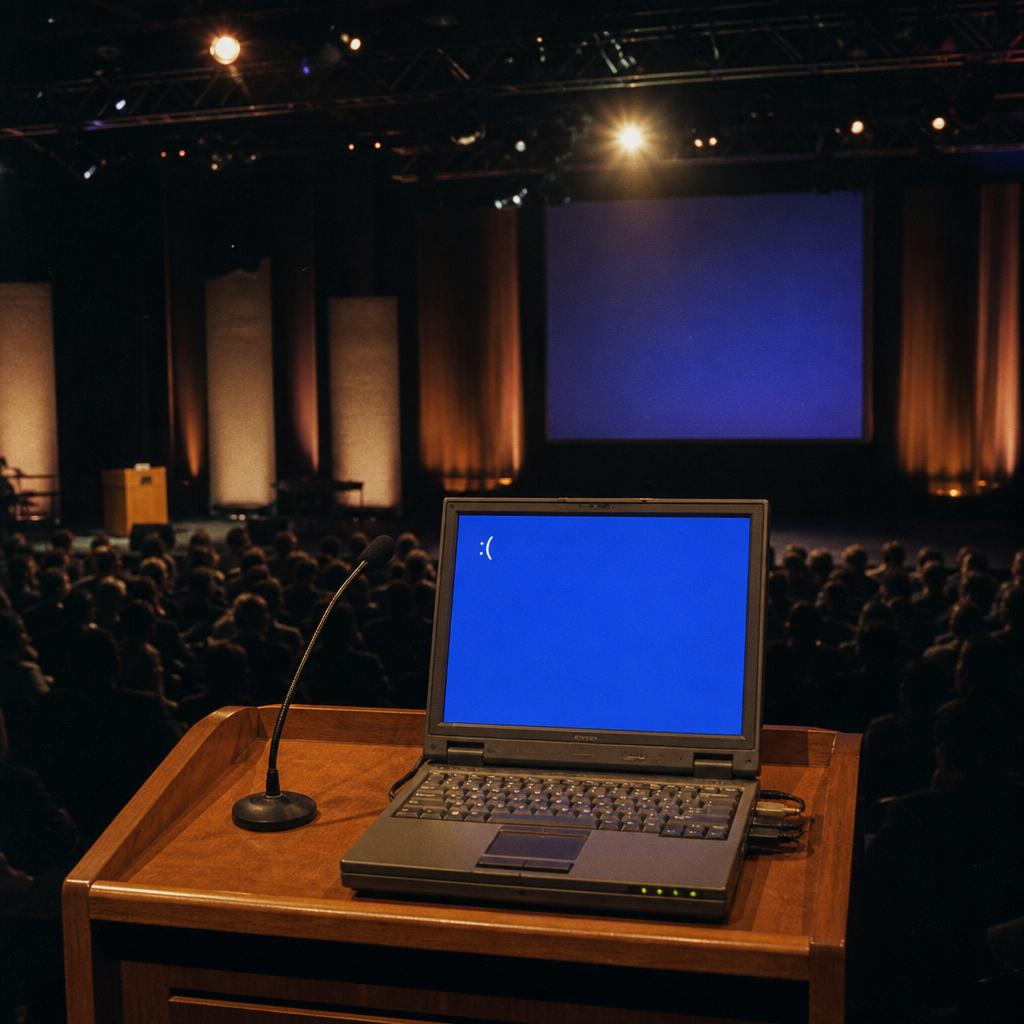 1990s keynote stage, a laptop on the podium showing a blue crash screen, anonymous crowd in the dark.